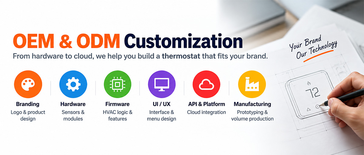 OEM smart thermostat customization including hardware, firmware, UI UX, API platform integration and private label manufacturing