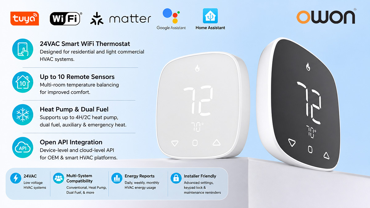 PCT5231 24VAC smart WiFi thermostat with up to 10 remote sensors, heat pump and dual fuel support, and Open API integration