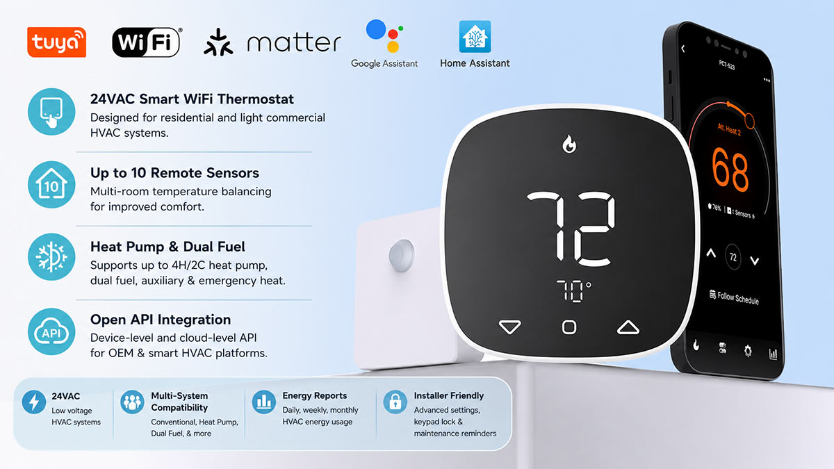 PCT5231 24VAC smart WiFi thermostat nwere ihe mmetụta dịpụrụ adịpụ ruru 10, ọkpọkọ okpomọkụ na nkwado mmanụ abụọ, yana njikọta API mepere emepe
